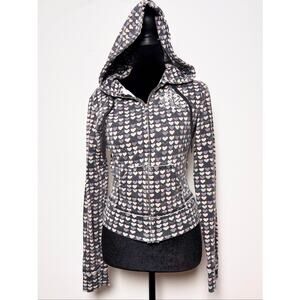 Vtg Y2K Roxy Charcoal Grey Allover Pastel Heart Print Fitted Hoodie